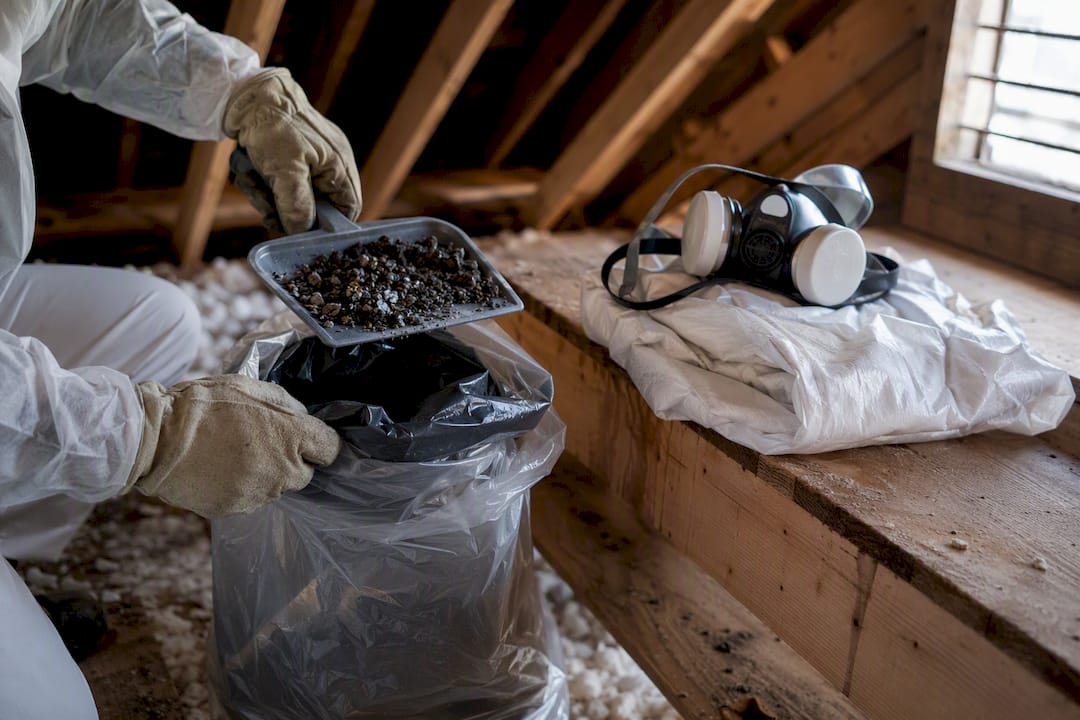 Hands bagging dampened guano with PPE nearby in attic