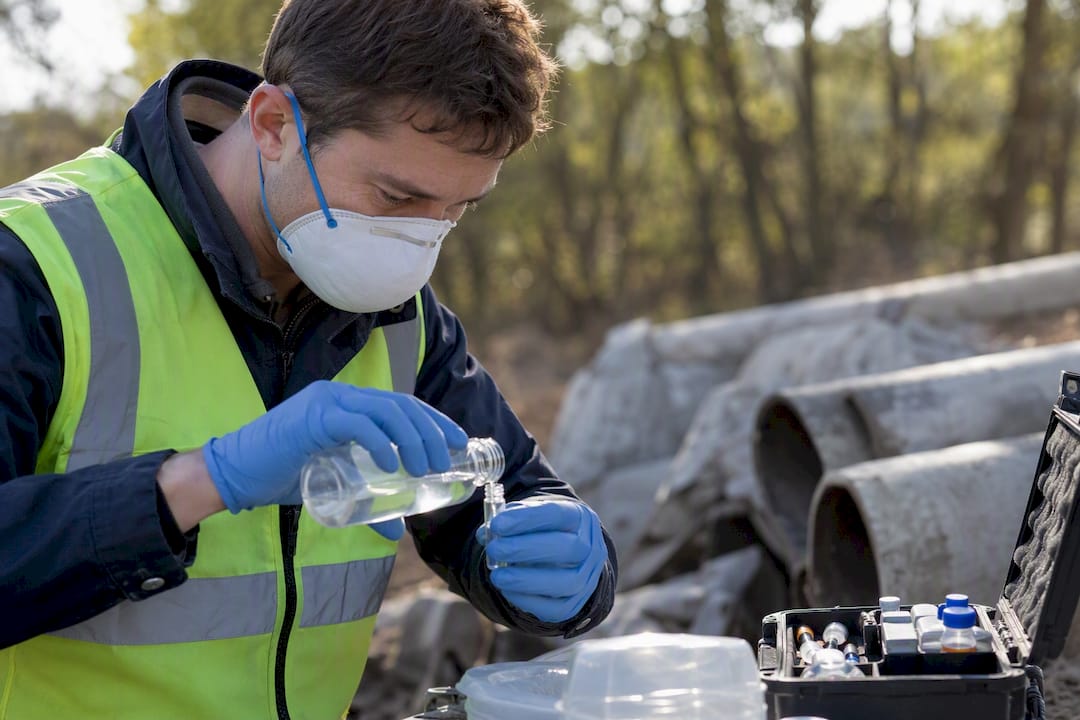 Gloved hand holding asbestos water sample bottle