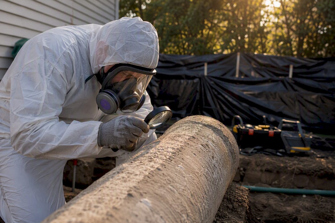 Technician inspecting transite pipe wearing PPE
