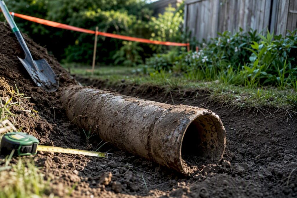 Excavated transite asbestos pipe section outdoors