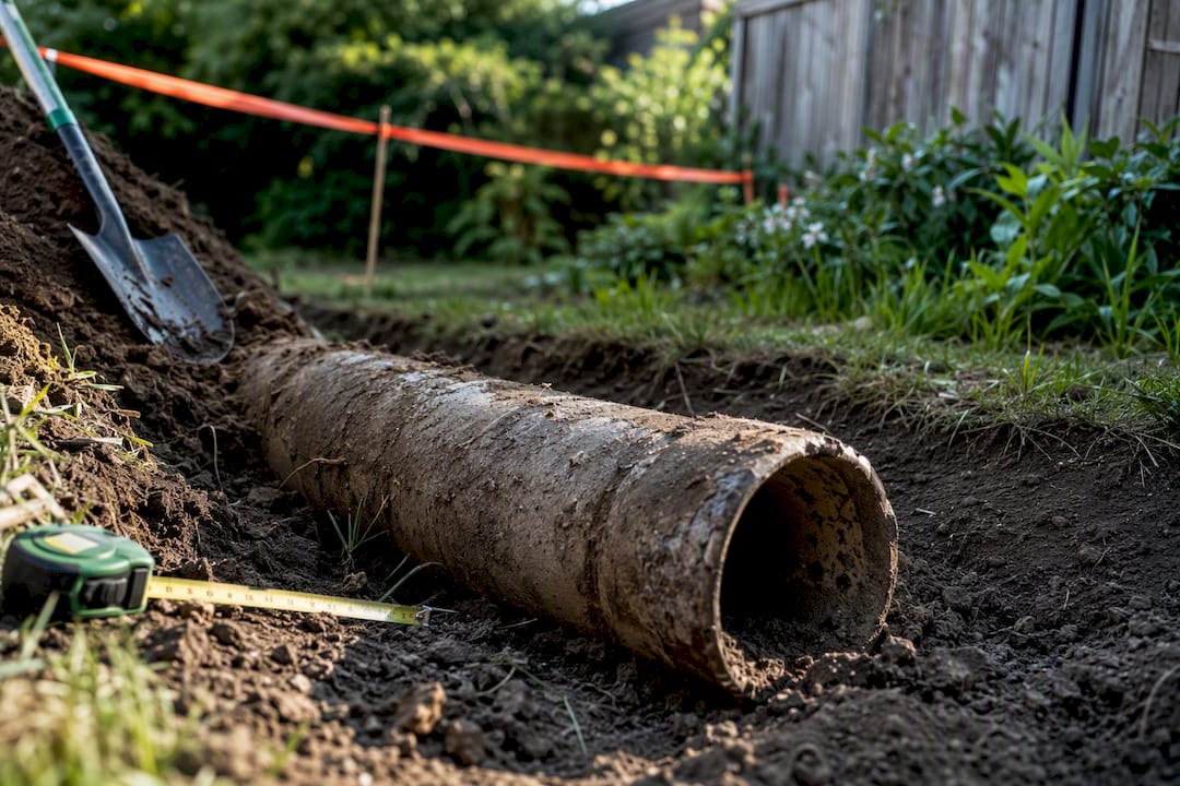 Excavated transite asbestos pipe section outdoors