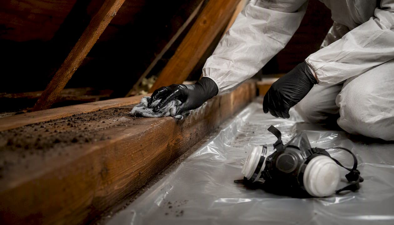 Hands with gloves wiping bat guano with damp cloth