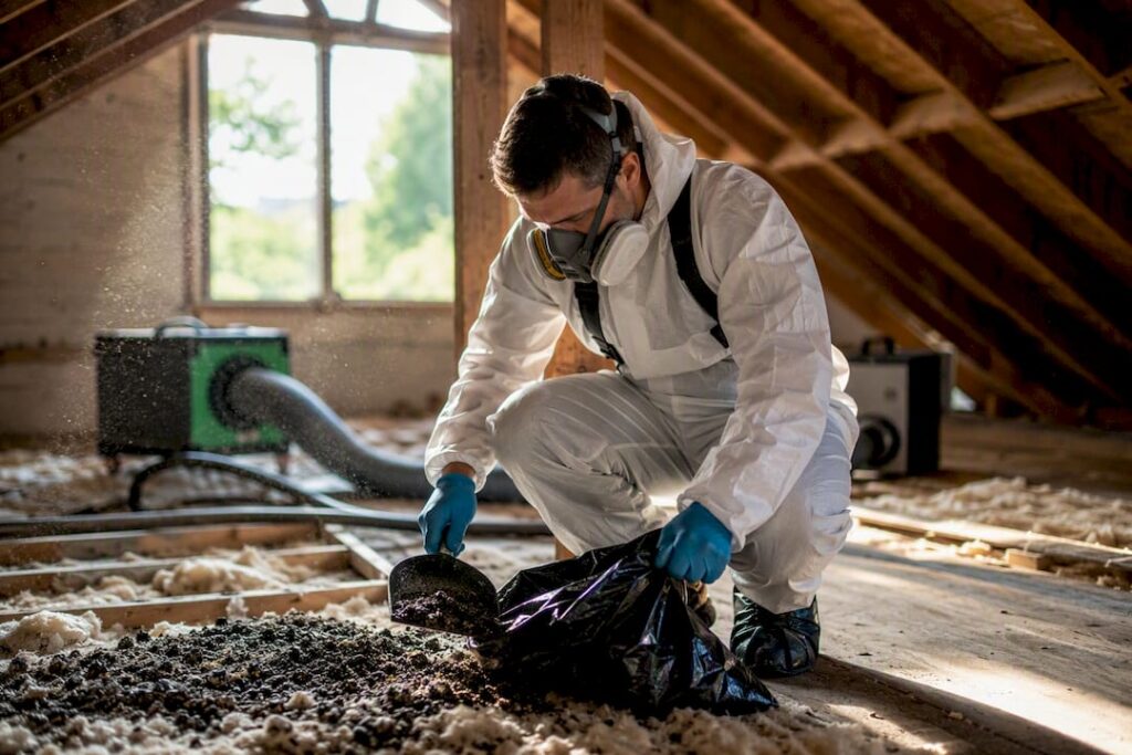 Technician in PPE cleaning bat guano in attic