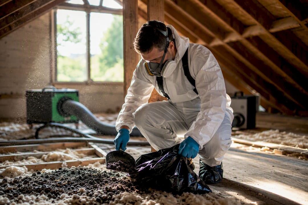 Technician in PPE cleaning bat guano in attic