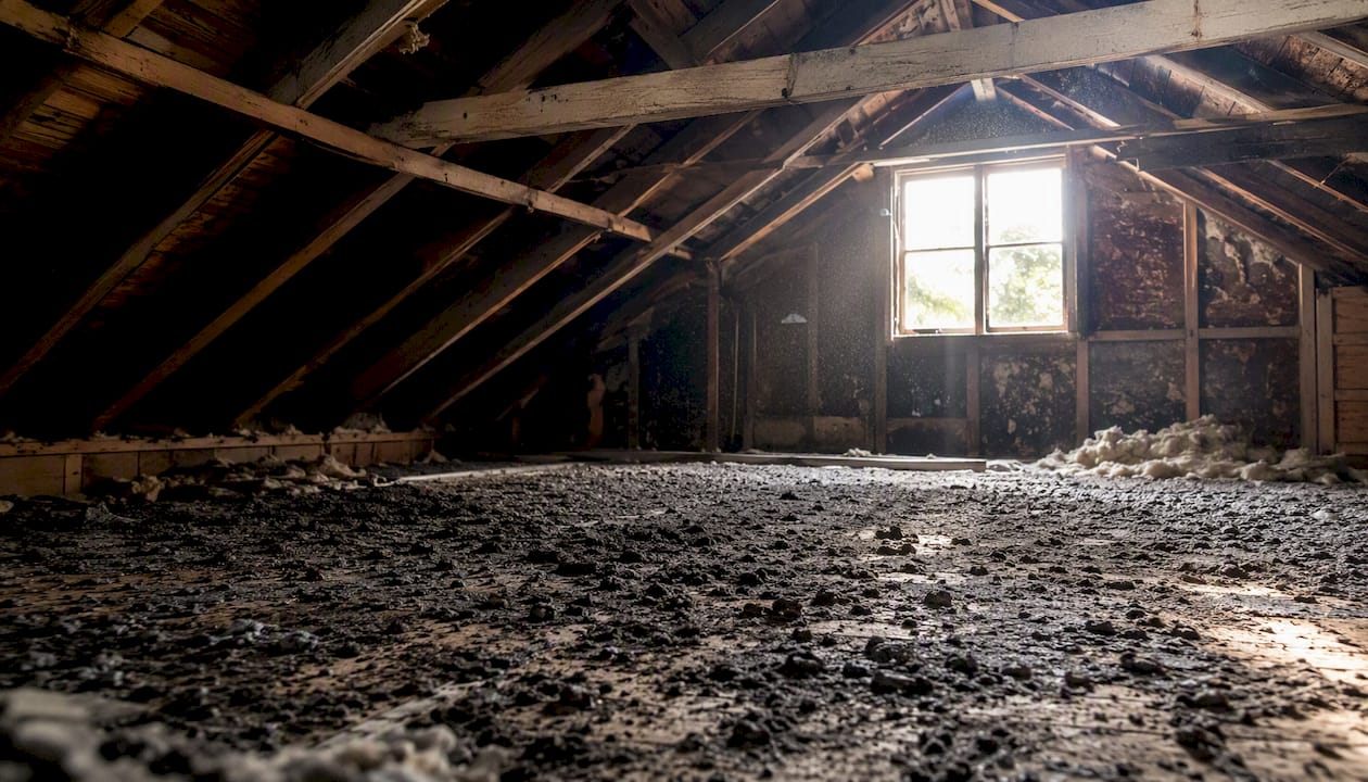 Thick bat guano covering attic floor
