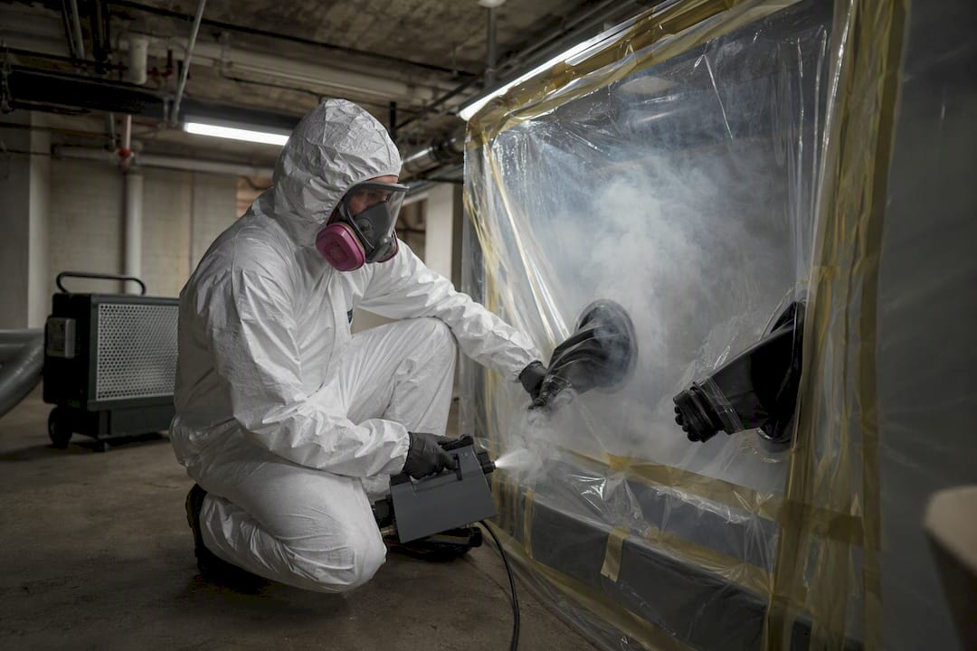 Asbestos glove bag smoke test in progress