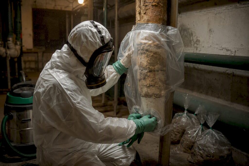 Technician installing glove bag on asbestos pipe