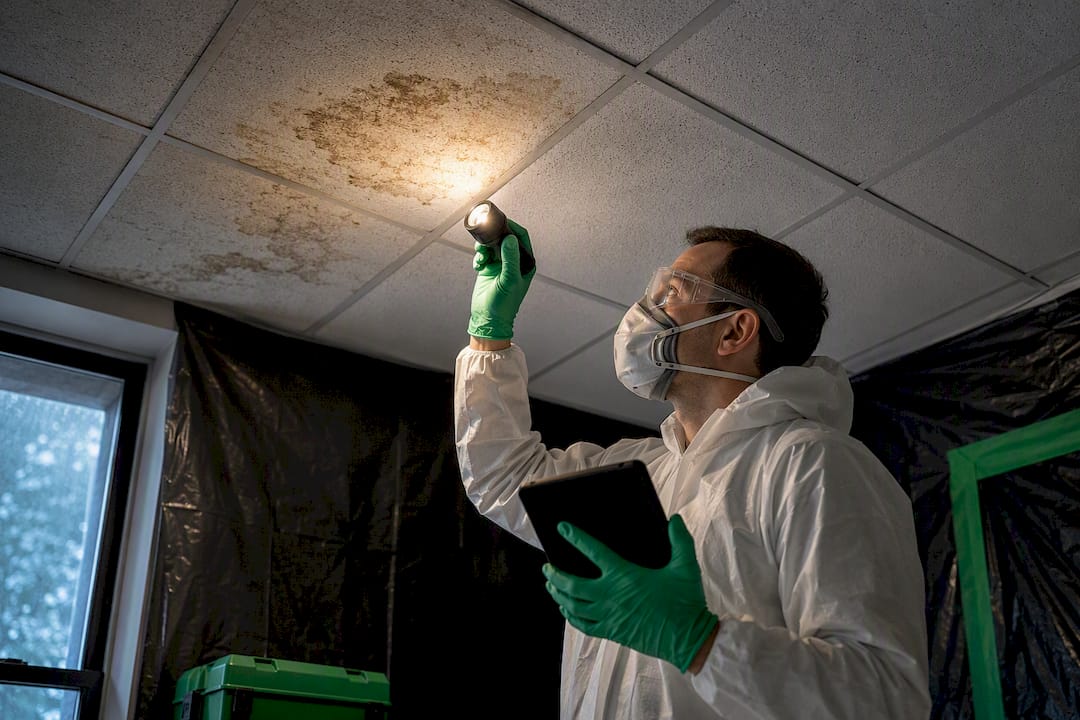 Technician examining damaged ceiling tiles