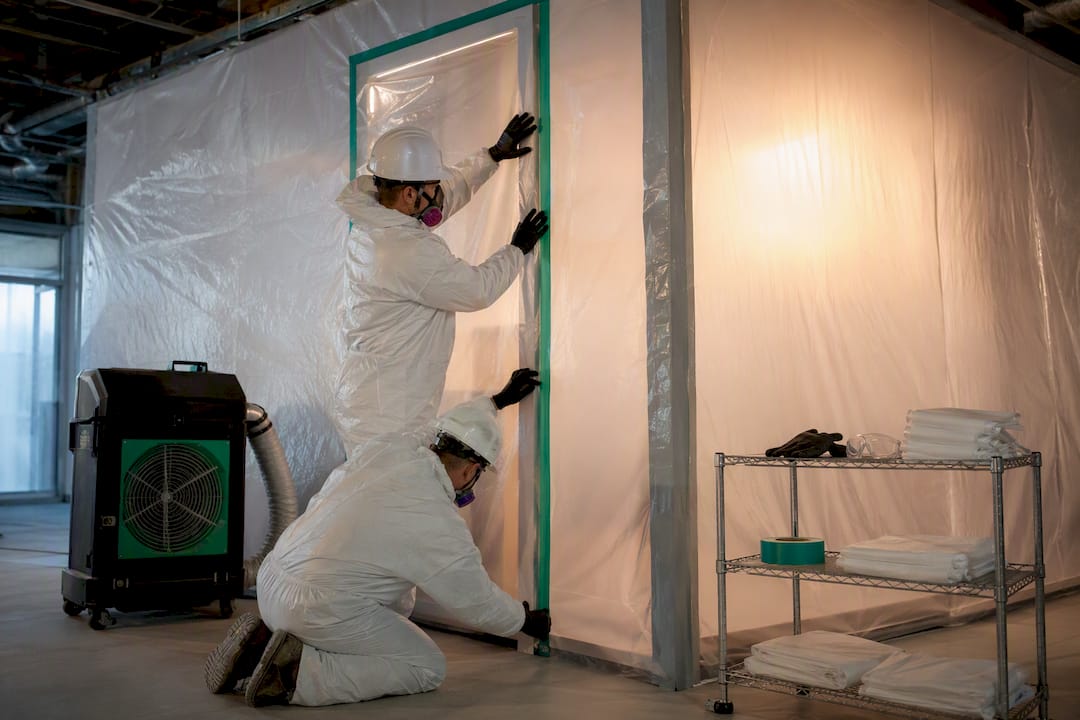 Workers installing asbestos abatement containment