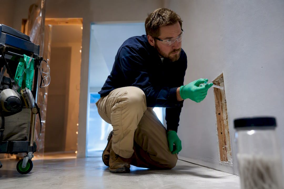 Technician assessing hazardous building materials