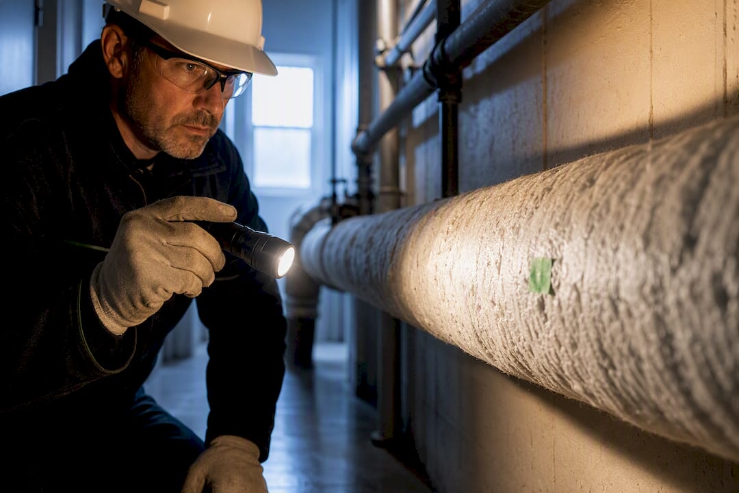 Technician inspecting intact asbestos pipe wrap