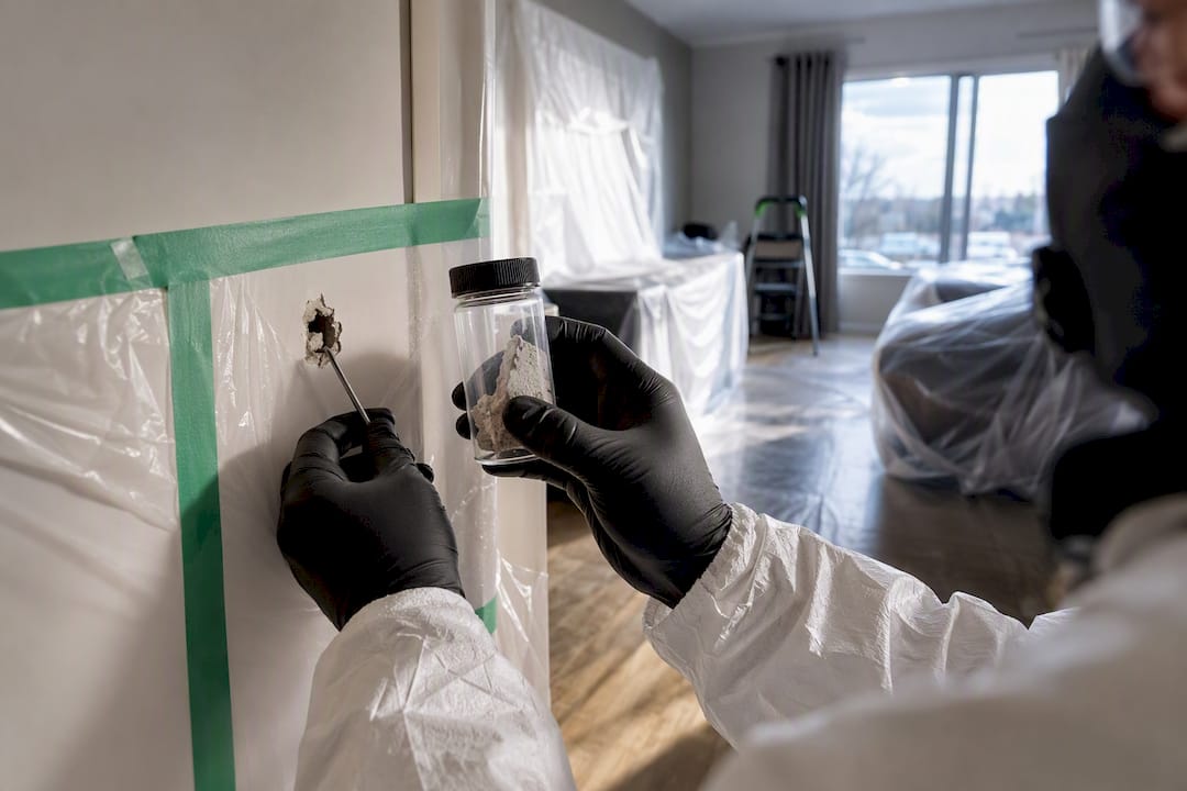 Technician sealing asbestos sample during home renovation