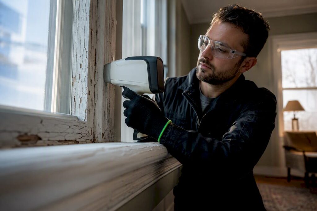 Technician testing painted window trim
