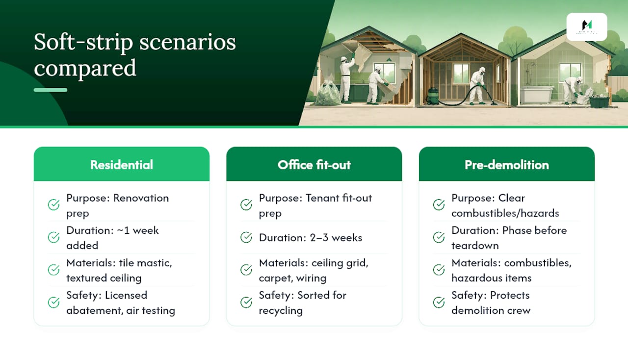 Comparison of three soft strip demolition scenarios