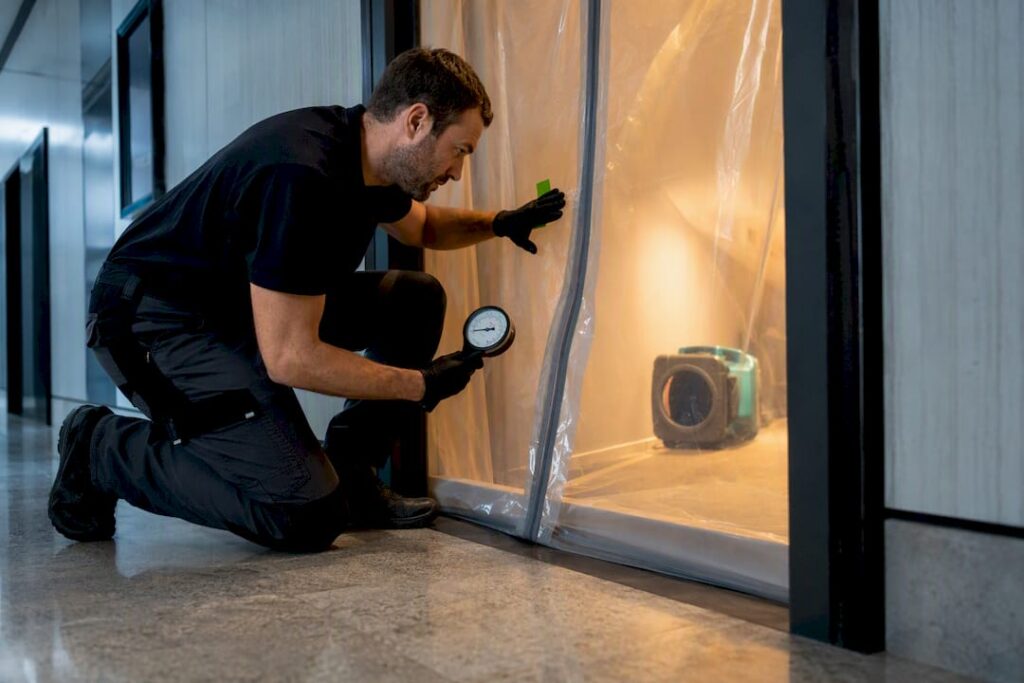Technician checking sealed containment doorway