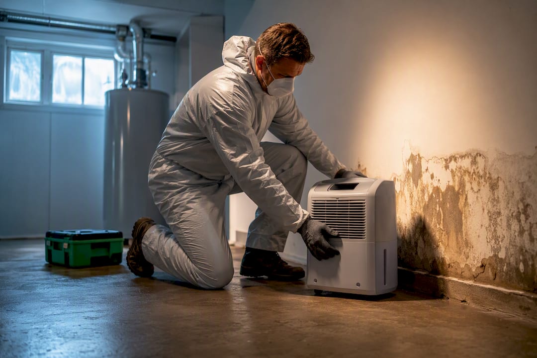 Technician drying water-damaged wall