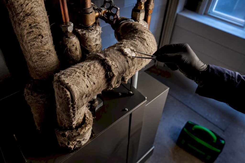 Older boiler with suspect asbestos pipe insulation