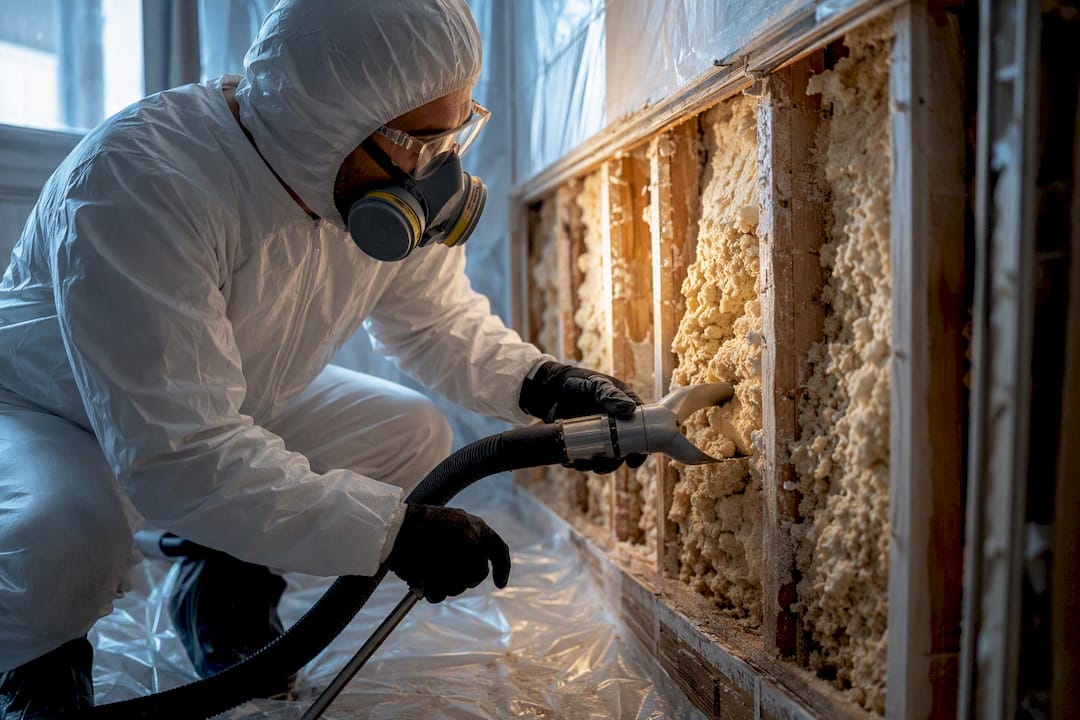 Technician removing foam insulation from wall cavity