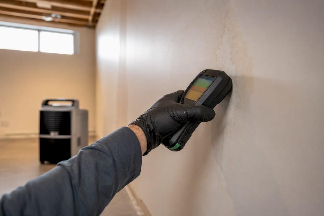 Technician taking moisture reading from drywall