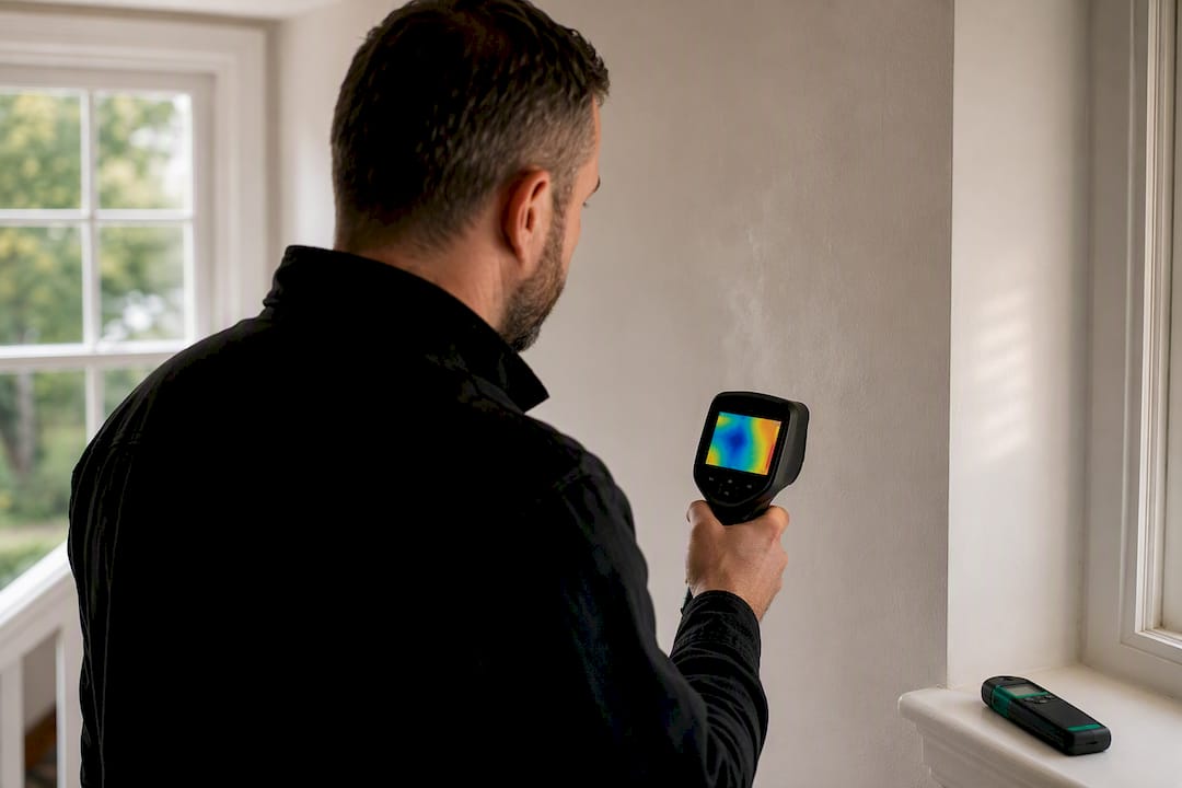 Technician scanning wall for hidden dampness