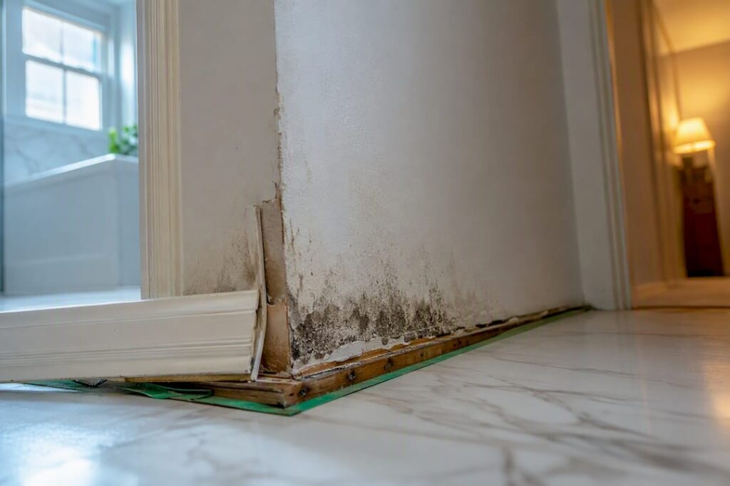 Early mould on water damaged bathroom wall