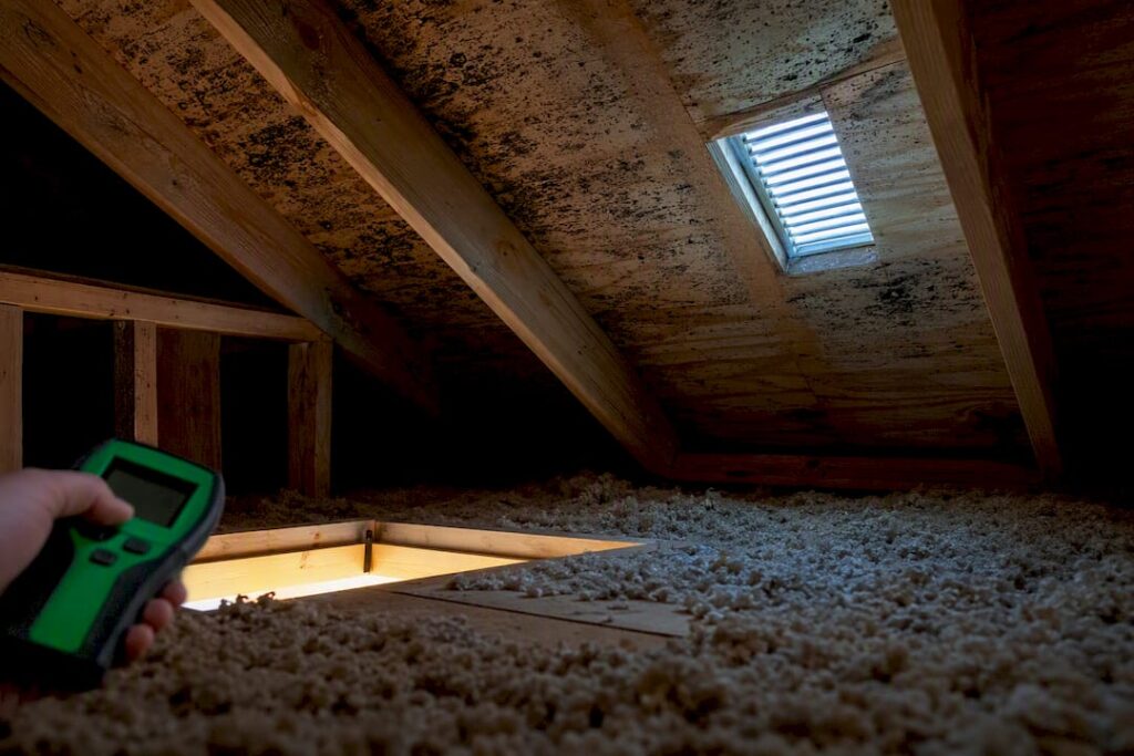 Attic roof deck showing condensation and mould