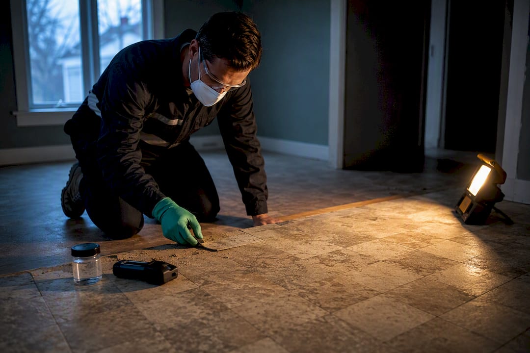 Technician assessing old floor tile