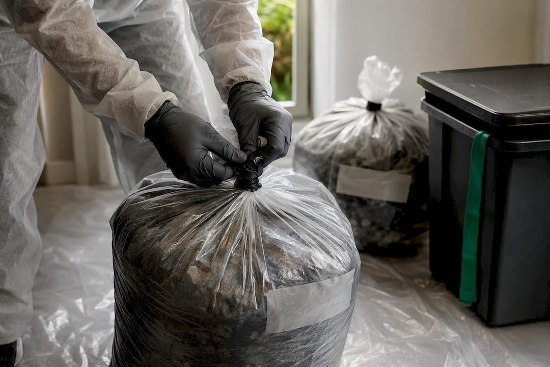 Worker sealing asbestos waste packaging