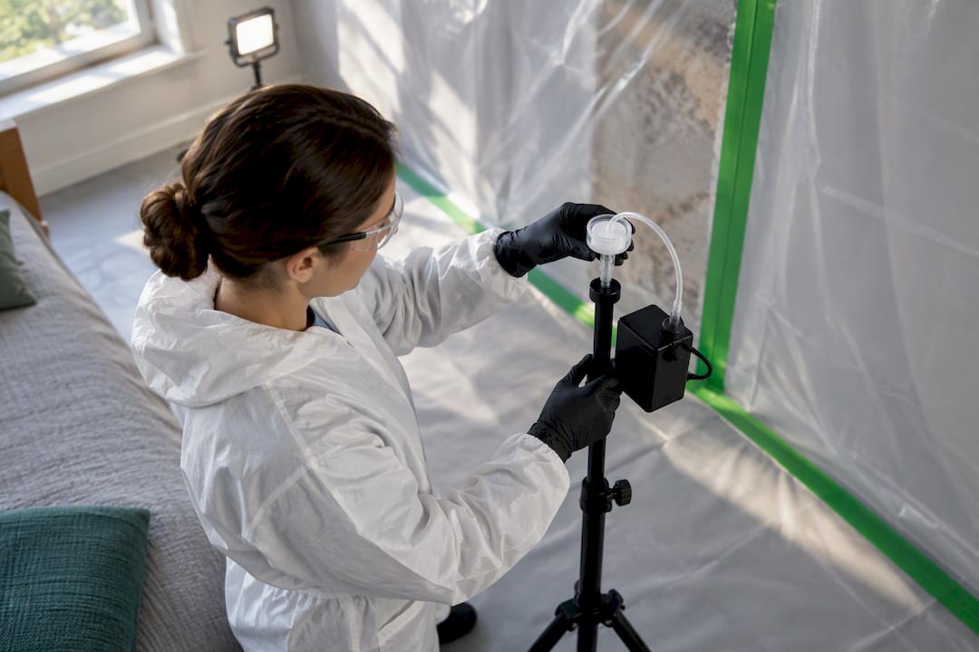 Technician performing asbestos clearance air testing
