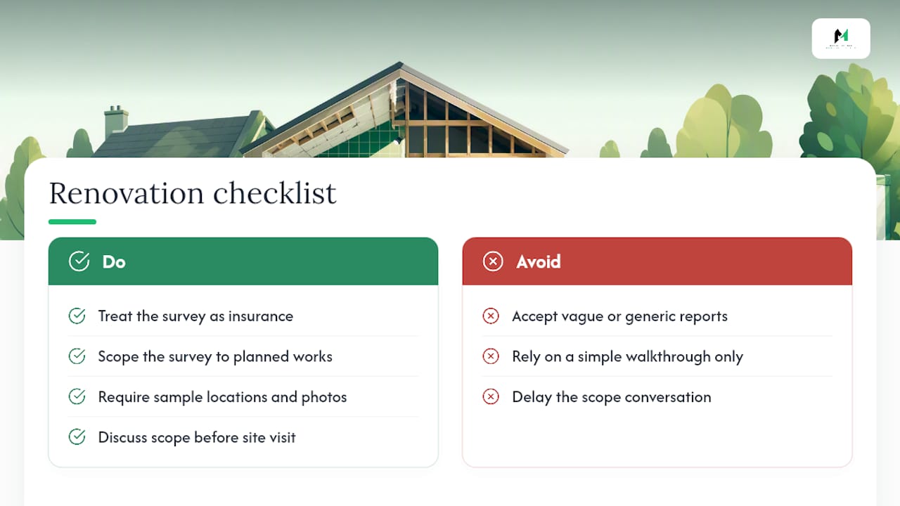 A renovation checklist, not a regulation lecture — overview diagram
