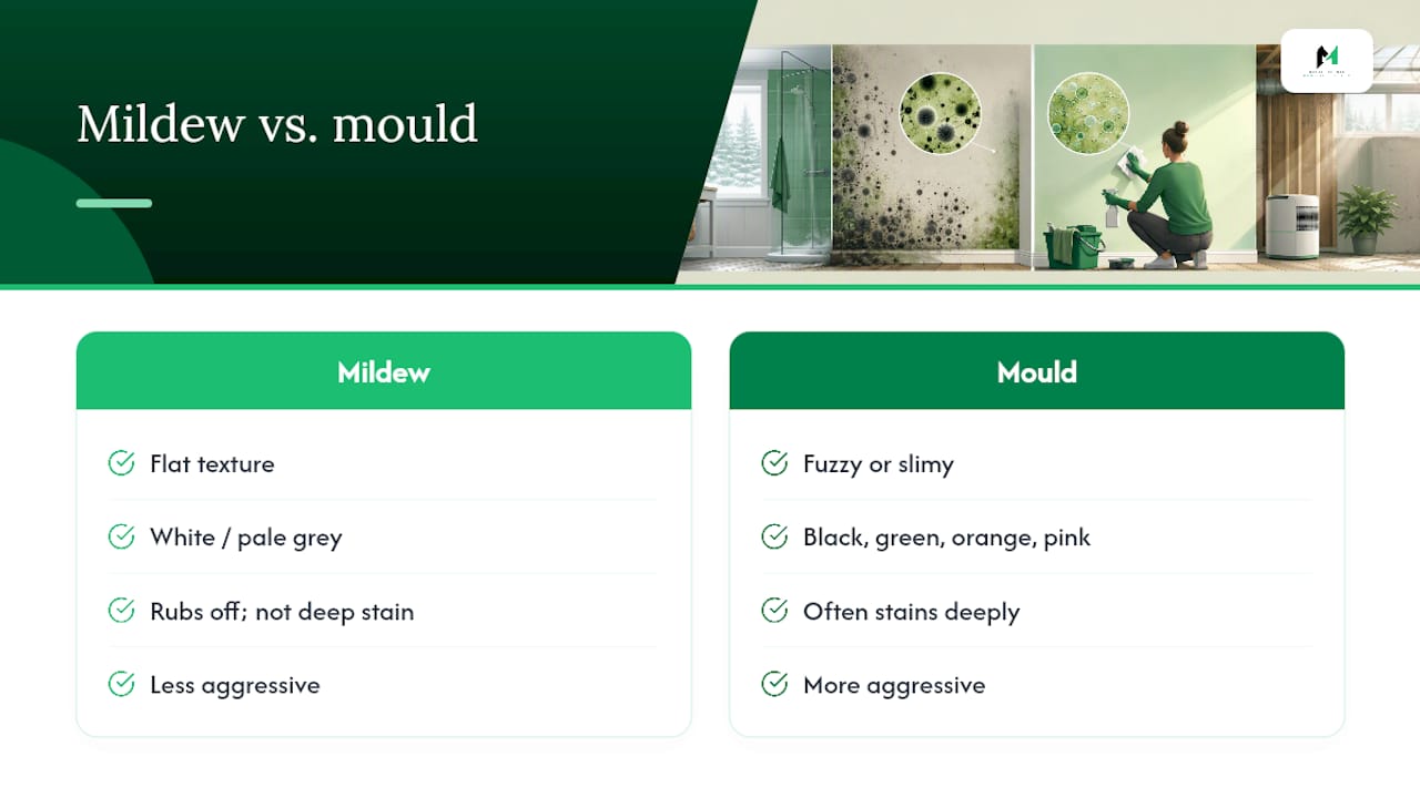 Mildew vs. mould: appearance, risk, and who should be extra cautious — overview diagram