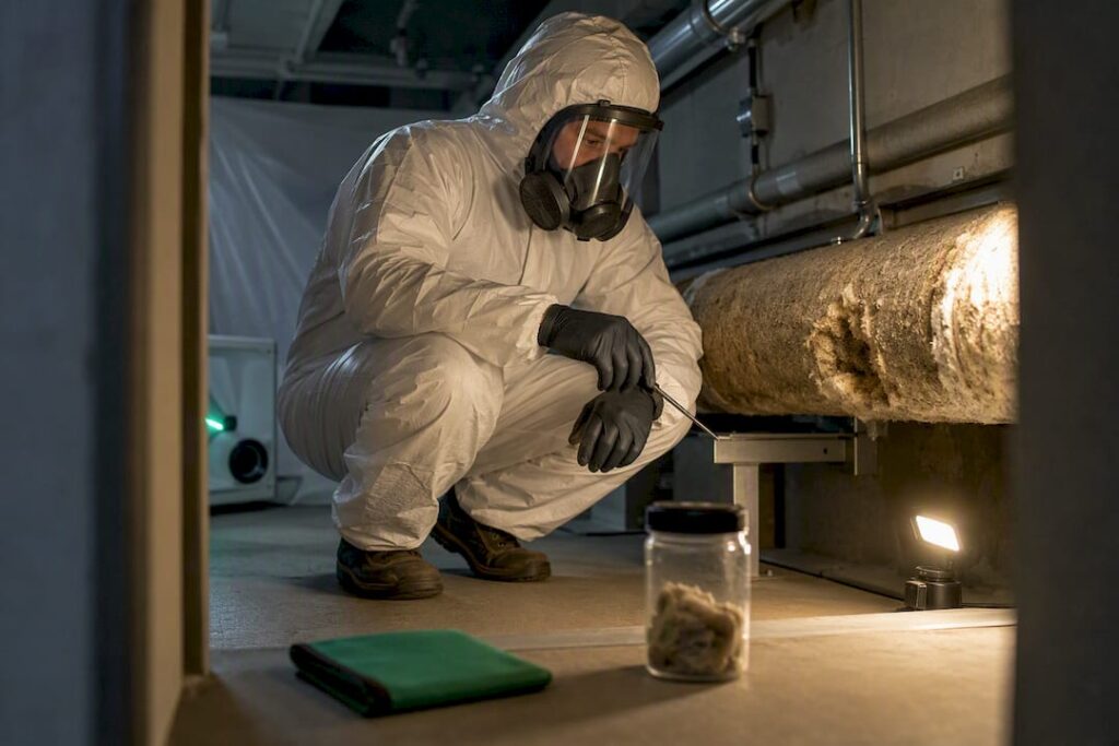 Assessor examining disturbed asbestos pipe lagging