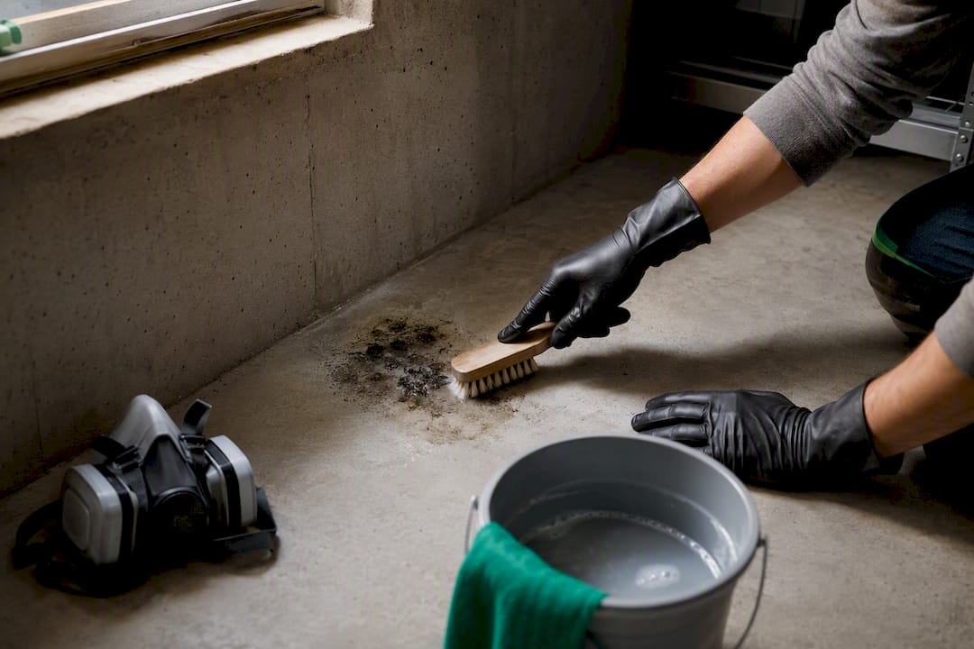 Gloved hands cleaning mould from concrete