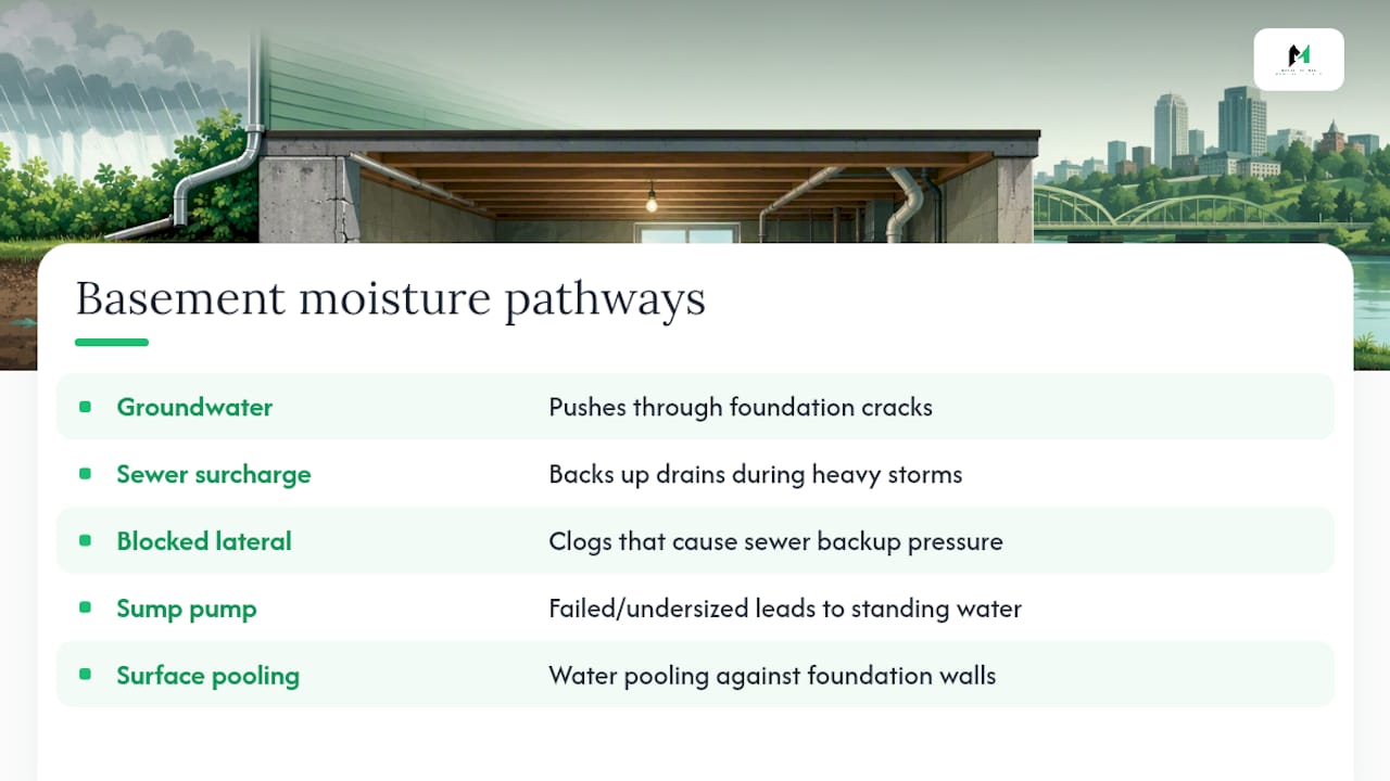 Five basement moisture entry pathways