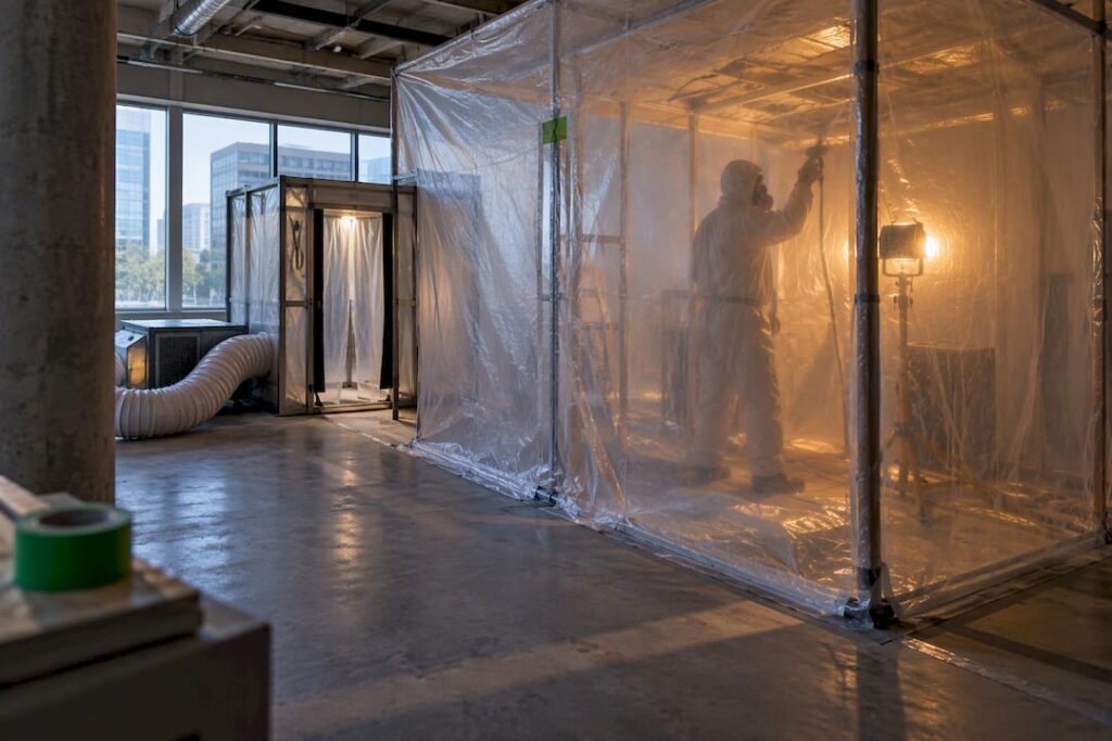 Negative-pressure asbestos containment enclosure at renovation site