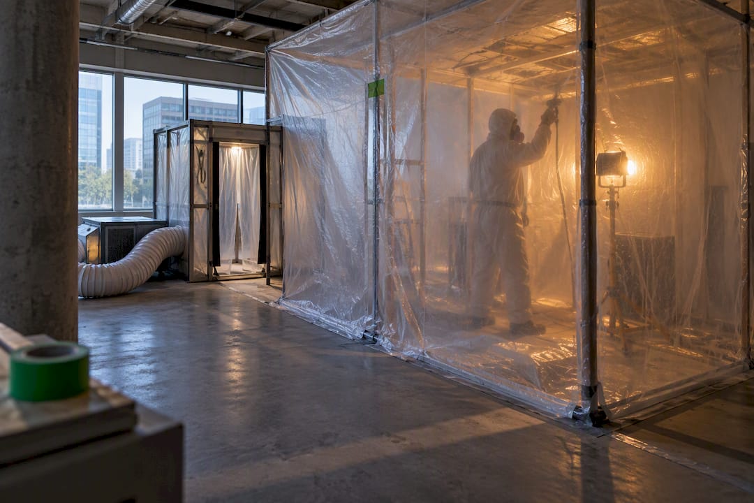 Negative-pressure asbestos containment enclosure at renovation site