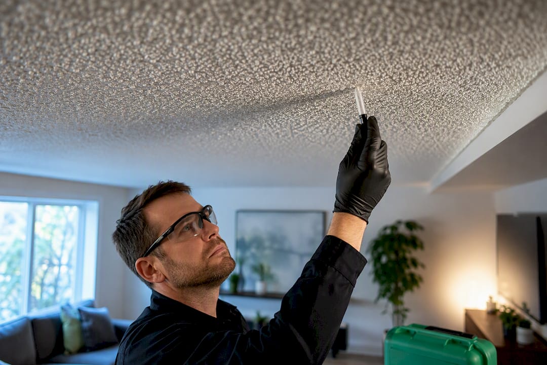 Technician testing intact popcorn ceiling texture