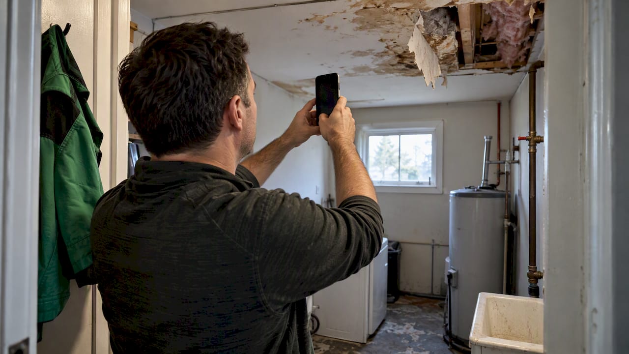 Homeowner photographing damaged ceiling material