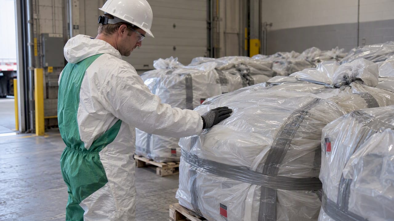 Sealed asbestos waste packages staged for transport