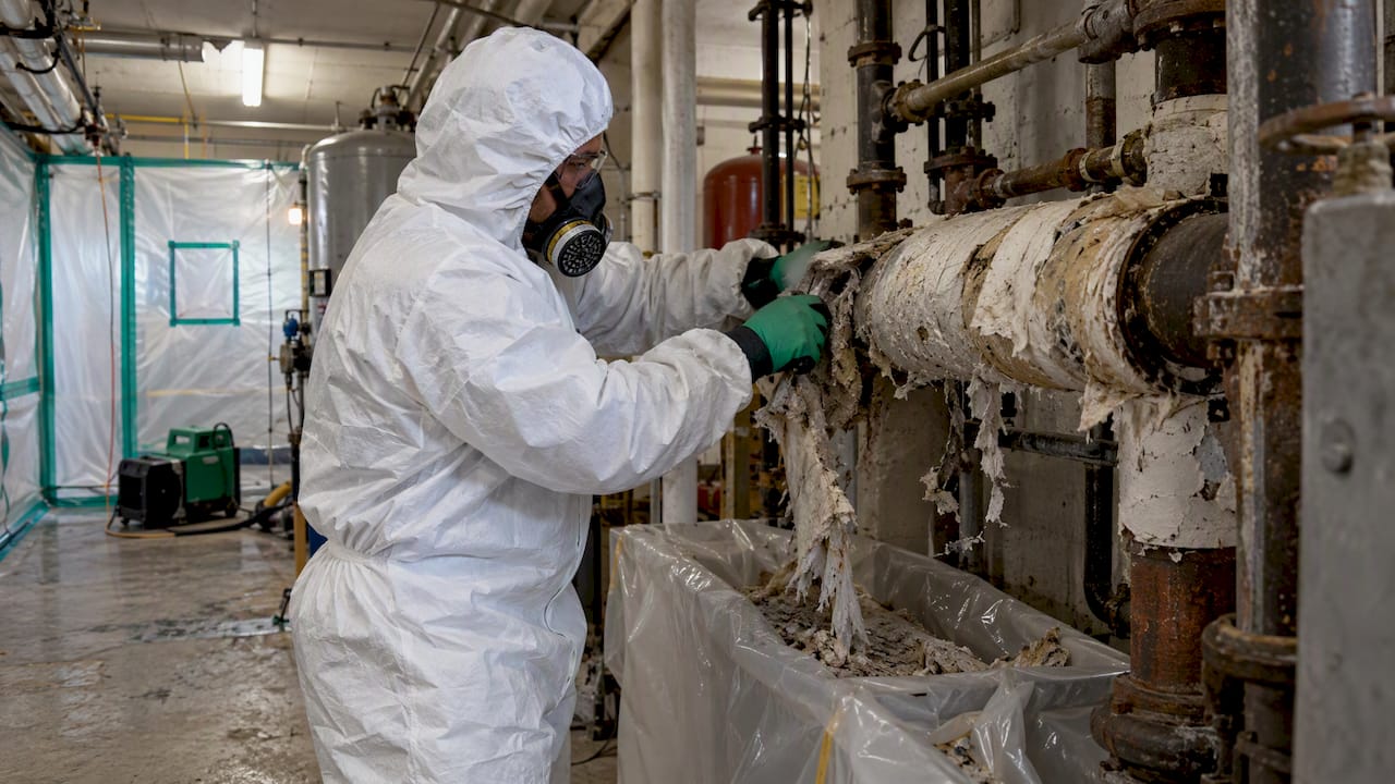 Technician removing pipe insulation in containment