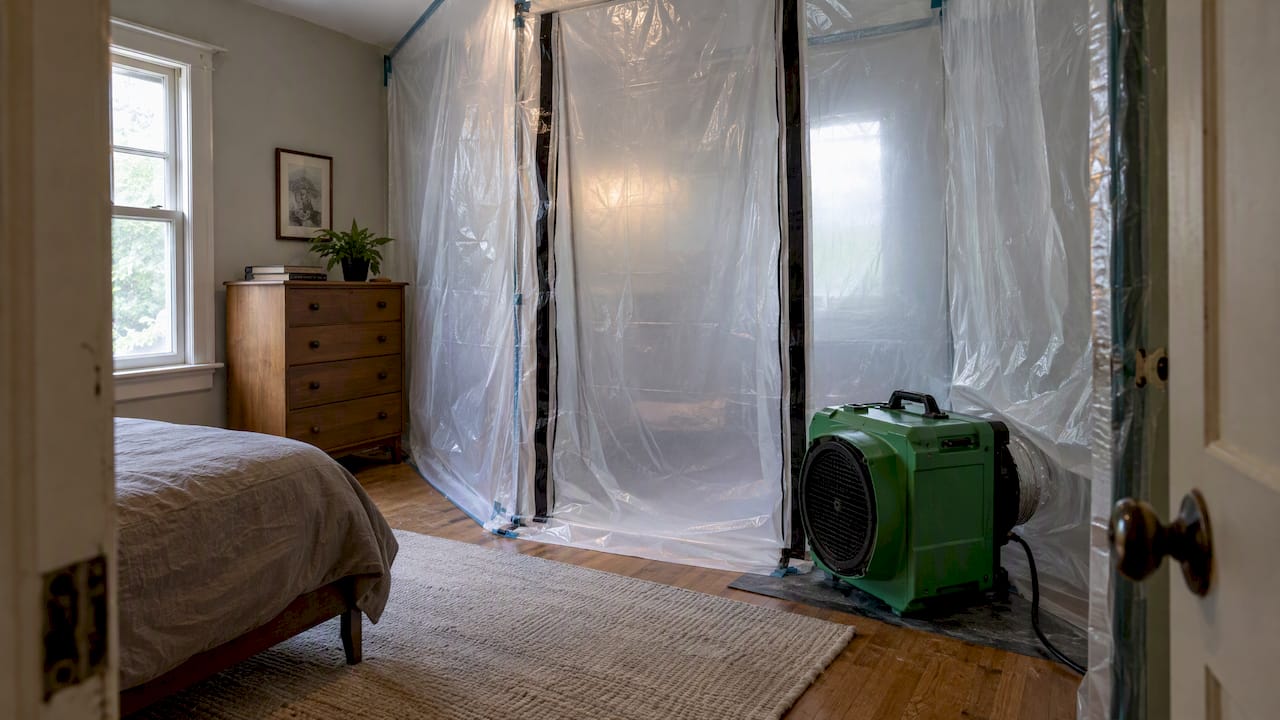 Sealed bedroom enclosure prepared for asbestos abatement