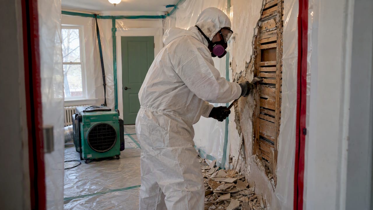 Worker removing plaster inside a contained work zone
